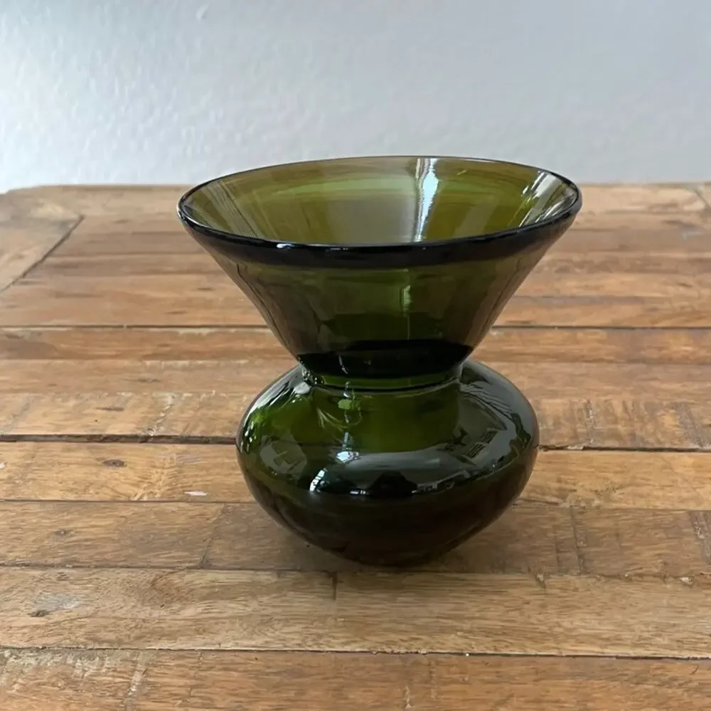 Vintage Mid-Century Hand Blown Green Spittoon Glass Vase Bulbous Wide Mouth